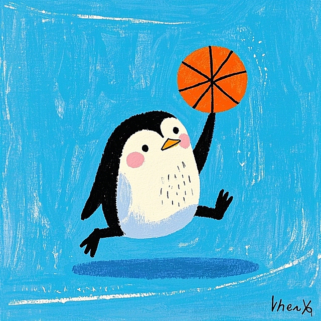 一只企鹅在打篮球，蓝色背景