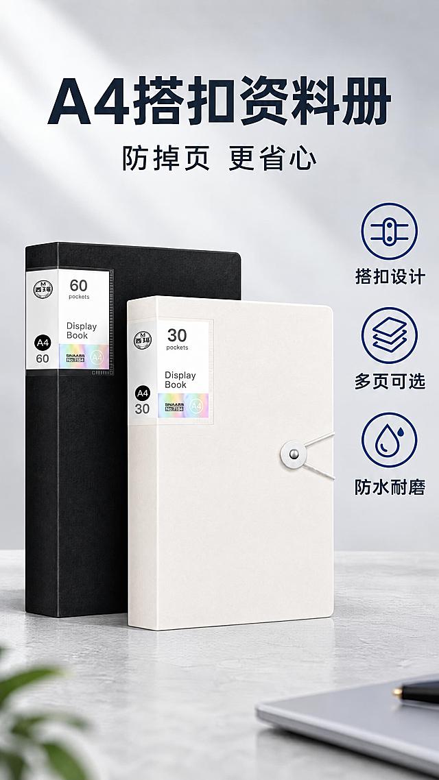 电商详情页头图，9:16竖版，简约商务办公风格。画面主体：两款A4搭扣资料册前后错落摆放，米白色30页款在前偏右，黑色60页款在后偏左，均为磨砂封面带金属搭扣，保留西玛/SINAA品牌标识和内页标签。上方大标题文字"A4搭扣资料册"，副标题"防掉页 更省心"，右侧3个圆形图标配文字：搭扣设计、多页可选、防水耐磨。浅灰渐变背景，柔和自然光，底部浅灰色桌面，产品有自然接触阴影。高级商业摄影质感，手机端文字清晰可读，中文横排排版。