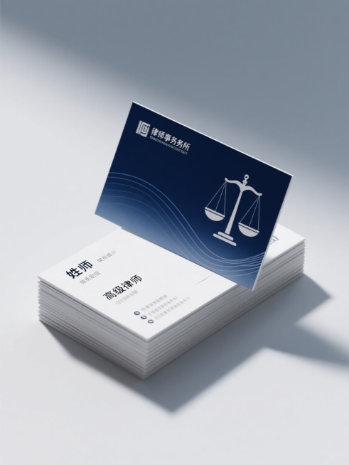 3D质感的律师名片设计，整体采用深蓝色与白色的渐变色彩搭配，展现专业、稳重、值得信赖的氛围，名片正面包含律师姓名、职位（如“高级律师”）、联系方式，背面为律师事务所名称及简约的法律相关抽象图形（如天平、法律卷轴的线条化设计），保持原设计的流畅曲线造型和对称构图，光影柔和，高光表现细腻，背景为浅灰色，名片堆叠放置，呈现出清晰的空间层次感和精致的印刷质感。预览效果