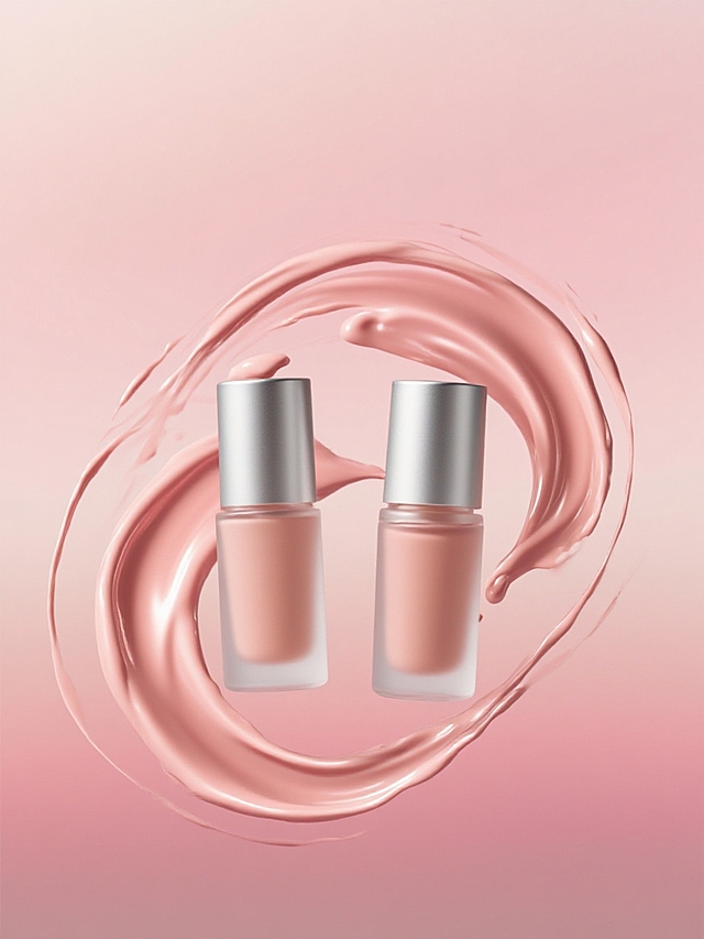 浅粉色渐变背景，产品悬空，周围环绕着呈流动、漩涡状的同色系腮红液体，液体具有光滑、富有光泽，流动感