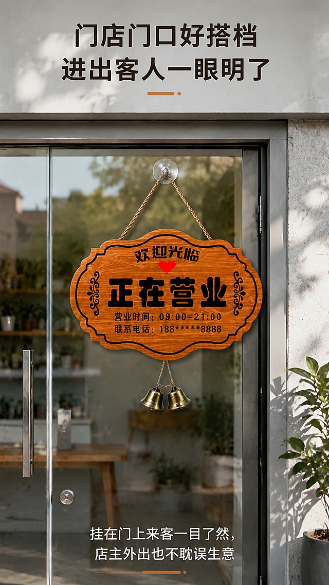 [第4屏] 门店使用场景页-营业中双面木质门牌。本屏使用【图1】产品。
[氛围/风格] 真实门店场景，温馨自然，代入感强。
[元素布局] 产品悬挂在玻璃门店门口，占据画面中心偏上位置，占比约60%，背景是干净的店铺玻璃门和浅灰墙面，展示真实使用效果，产品外观保持与输入图一致。
[光影质感] 自然光从门外照射，柔和自然，阴影真实，文字清晰可见。
[配色色系] 整体色调柔和，玻璃浅灰蓝背景，原木棕产品，自然和谐。
[视角构图] 平视视角，模拟客人进店视线，景深适中，产品清晰。
[文字版式] 顶部主标题 "门店门口好搭档 进出客人一眼明了"，底部小字说明 "挂在门上来客一目了然，店主外出也不耽误生意"，文字不遮挡产品主体。
[比例分辨率] 9:16竖版比例，4K分辨率，文字清晰可辨，高清画质。
[负向提示词] 产品变形，缺件错件，颜色偏差，水印，文字错乱，文字过小，背景杂乱。