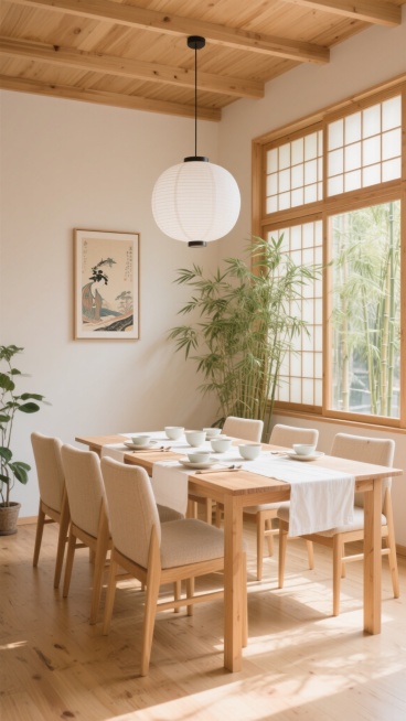 明亮温馨的日式原木风格餐厅内部，浅木色餐桌搭配米色布艺餐椅整齐排列，天花板悬挂简约白色纸质灯笼吊灯，墙面装饰浮世绘风格挂画，窗边摆放茂盛的竹制绿植，地面铺设浅色木质地板，阳光透过木质格栅窗洒入室内形成柔和光影，餐桌上摆放素雅的陶瓷餐具和白色餐布，整体营造出自然、宁静、舒适的用餐氛围，具有清晰的视觉层级和高效的空间利用，符合日式美学的简约与禅意。预览效果