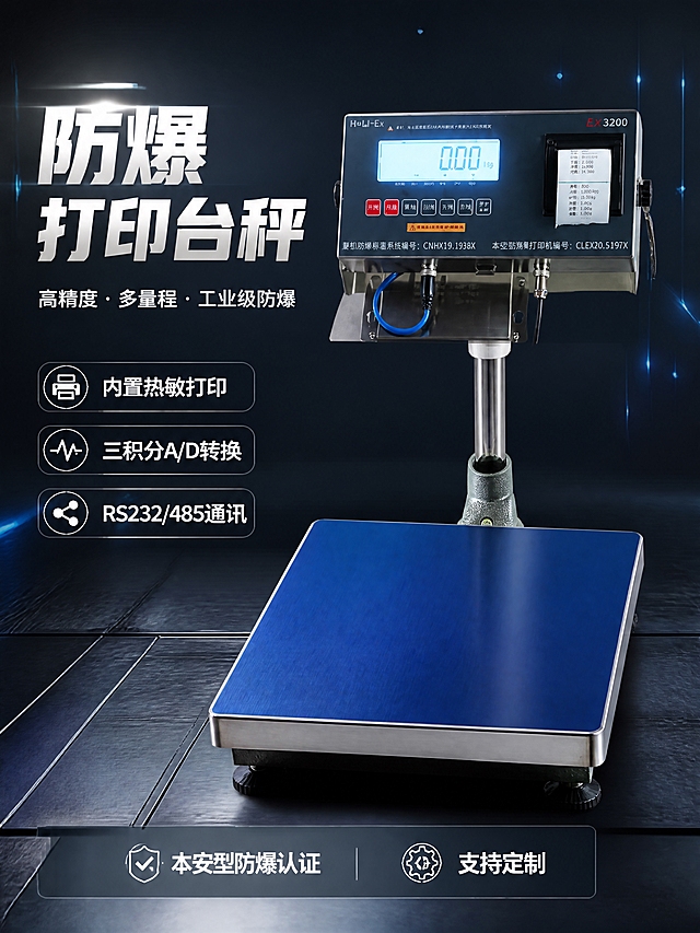 [第1张] 详情页头图-打印防爆电子台秤产品全貌主视觉。本张使用【图1】作为商品主体。
[氛围/风格] 工业科技风，深蓝灰色调，专业严谨，商业摄影质感，高端工业设备氛围。
[元素布局] 台秤主体（含仪表表头+蓝色台面）置于画面中央偏右，占比约60%；左侧留大面积标题区；背景为深色工业风渐变，点缀微弱的科技线条和数据光点；底部为深色金属质感台面，产品放置其上，投影自然；仪表表头的显示屏、打印纸出口、按键、防爆标识清晰可见；蓝色秤台的塑料包装去除，呈现金属蓝色台面质感。
[光影质感] 左上方主光源打亮产品正面，右侧辅光勾勒轮廓，底部柔和投影，整体明暗层次分明，金属质感强烈，显示屏有发光效果。
[配色色系] 全局底色 #1A2332（深蓝灰）；主色 #2C5FF6（科技蓝）；辅助色 #FFFFFF（白色文字）、#FF6B35（橙色点缀）。
[视角构图] 正面微仰视，产品为视觉中心，阅读动线左上标题 → 中部产品 → 底部信息条。
[文字版式] 左上大标题区，主标题「防爆打印台秤」，副标题「高精度 · 多量程 · 工业级防爆」；标题下方3个卖点胶囊：「内置热敏打印」「三积分A/D转换」「RS232/485通讯」；底部信息条标注「本安型防爆认证」「支持定制」；文字均为白色，主标题加粗，不遮挡产品主体。
[比例分辨率] 3:4 竖版比例，4K 分辨率，文字清晰可辨，高清画质。
[负向提示词] 产品变形，缺件错件，颜色偏差，水印，文字错乱，产品图模糊，背景杂乱，塑料包装残留。