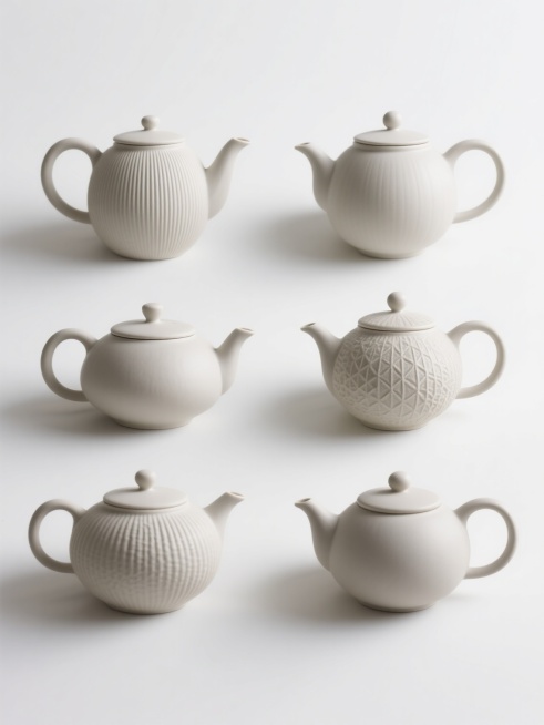 六个不同样式、不同种类的茶壶，白色背景，排列整齐，每个茶壶都具有精致的纹理和独特的造型，茶壶表面呈现出哑光质感，光影柔和，高光细腻，整体风格简约现代，构图对称平衡，视觉层次清晰，具有高品质的产品展示效果。预览效果