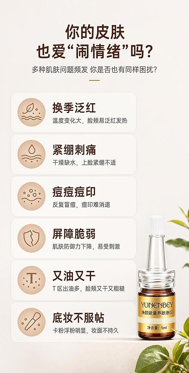 [第2屏] 肌肤痛点直击屏-云恩倍07净颜能量养肤液。本屏使用【图1】小尺寸右下角展示产品。
[氛围/风格] 温和亲切闺蜜风，浅暖灰渐变背景，干净简洁的商业设计感。
[元素布局] 左侧占70%区域放置痛点文案与图标，右下角放置缩小的产品图；每个痛点配小圆形标识，排版疏朗不拥挤，产品外观与原图一致。
[光影质感] 均匀柔和的室内照明，无硬阴影，文字和产品都清晰呈现。
[配色色系] 全局底色 #F5F5F5；主色深棕文字，辅助色浅棕圆形标识，产品金色标签点缀。
[视角构图] 满屏排版，上标题下内容分区，阅读动线从上到下。
[文字版式] 顶部主标题「你的皮肤也爱"闹情绪"吗？」，下方分6个卡片列出常见问题：换季泛红、紧绷刺痛、痘痘痘印、屏障脆弱、又油又干，卡片圆角设计，文字清晰，不遮挡产品。
[比例分辨率] 9:16竖版比例，4K分辨率，文字清晰可辨，高清画质。
[负向提示词] 文字过小，文字错乱，产品变形，配色脏乱，水印，错字