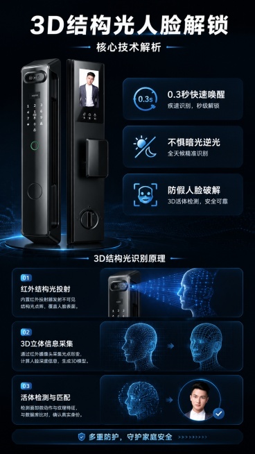 [第4屏] 3D结构光人脸解锁核心技术解析屏。本屏使用【图1】作为产品主体。
[氛围/风格]：科技原理可视化，深色科技背景，机理示意图清晰，专业可信。
[元素布局]：顶部大标题「3D结构光人脸解锁」，预览效果