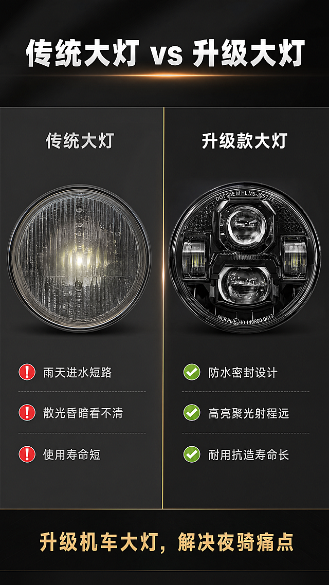 [第2屏] 痛点直击-传统大灯对比屏。
[氛围/风格] 直观对比风格，深色科技背景，清晰干净的排版，专业理性展示。
[元素布局] 本屏使用【图1】作为右侧改进产品主体，左右分栏对比版式。左侧为普通传统大灯问题展示，右侧为本款机车大灯。保持本款产品圆形结构、黑色外壳、透明双透镜与原图一致。顶部通栏大标题，左右两个对比区域占画面80%高度，底部用信息条承接结论。背景深灰渐变，左右分割线用金色细线区分。
[光影质感] 左右两侧产品光影均匀一致，主光源正面照射，突出产品轮廓和材质，左侧偏暗突出问题，右侧明亮突出优势。
[配色色系] 全局底色：#1A1A1A（深黑灰）；对比分区：左侧#2D2D2D（深灰），右侧#222222（偏黑灰）；文字配色：主标题白色，结论金色，常规文字浅灰。
[视角构图] 左右对称对比构图，两款产品都采用正面平视角度，产品均居中展示在各自区域，对比直观清晰。
[文字版式] 顶部通栏主标题"传统大灯 vs 升级大灯"，白色粗体居中。左侧区域标题"传统大灯"浅灰字，下方痛点描述：雨天进水短路 散光昏暗看不清 使用寿命短，文字左对齐配红色感叹号标记。右侧区域标题"升级款大灯"白色字，下方优势描述：防水密封设计 高亮聚光射程远 耐用抗造寿命长，文字左对齐配绿色对勾标记。底部通栏结论："升级机车大灯，解决夜骑痛点"金色字体居中。
[比例分辨率] 9:16竖版比例，4K分辨率，文字清晰可辨，超高清。
[负向提示词] 产品变形，结构错误，文字模糊，颜色偏差，恶意丑化对比，水印，背景杂乱。
