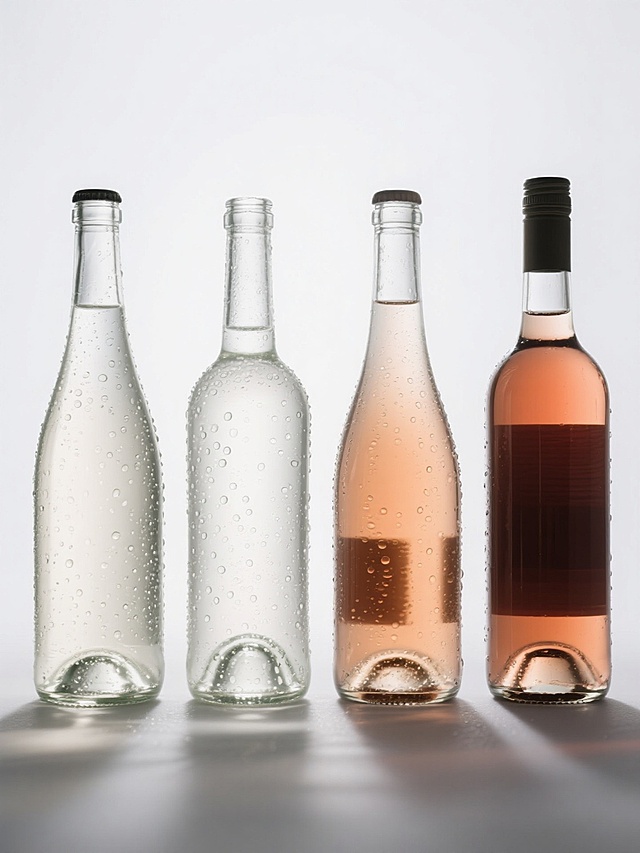 四个不同品种、不同样式、不同外观的酒瓶，瓶身材质通透，表面带有晶莹水珠，水珠细节清晰可见，呈现出湿润的质感，整体排列整齐，置于纯白色背景之上，光线从前方柔和照射，瓶身有自然的高光和阴影过渡，立体感强，画面简洁干净，突出酒瓶的形态和质感。
