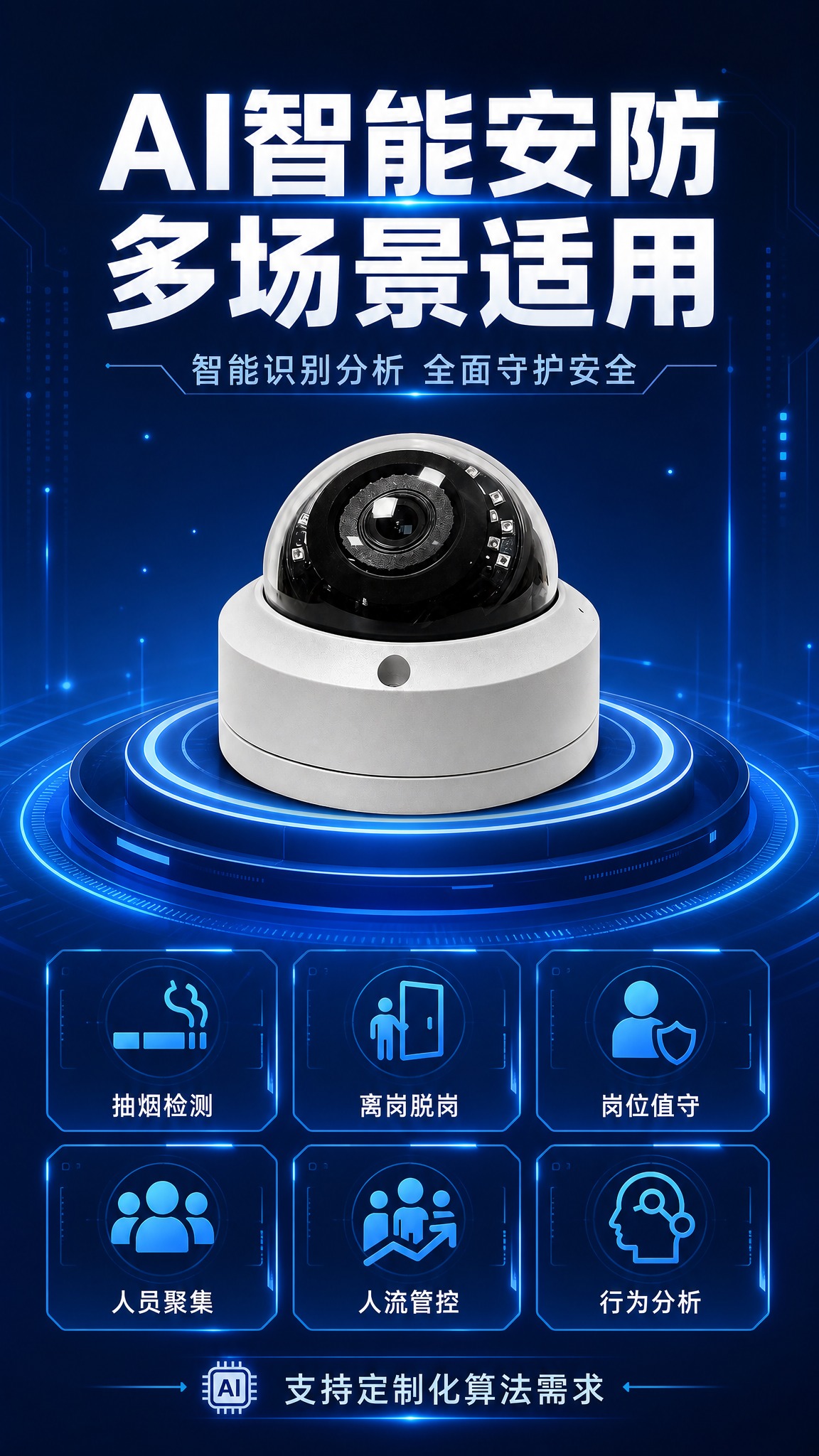 AI智能半球型监控摄像头电商详情页首屏海报，9:16竖版，深蓝… - 图片创意预览