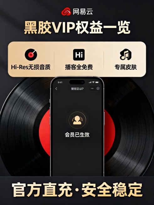 竖版信息图，顶部为网易云LOGO+“黑胶VIP权益一览”，分三栏图标展示：① Hi-Res无损音质 ② 播客全免费 ③ 专属皮肤；中部插入手机界面mockup，显示“会员已生效”；底部强调“官方直充·预览效果