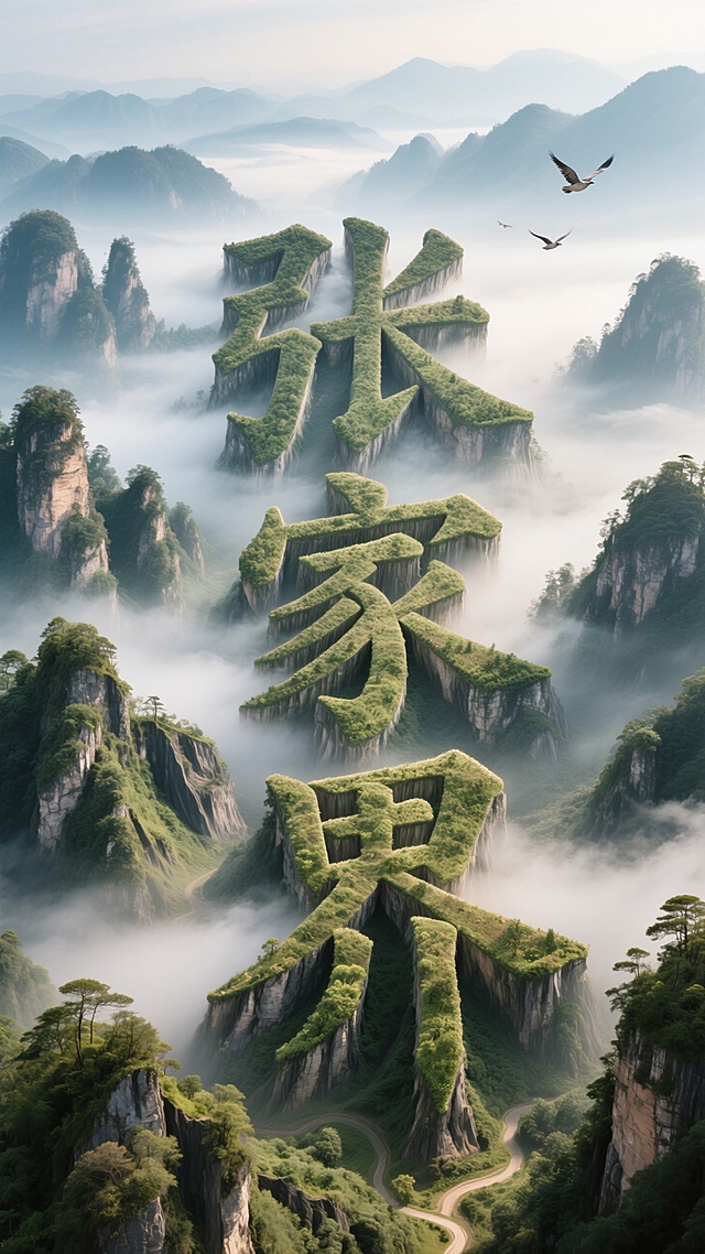 梦幻中式山水，3D立体大字悬浮云端，超现实主义风格，营造仙境般氛围。