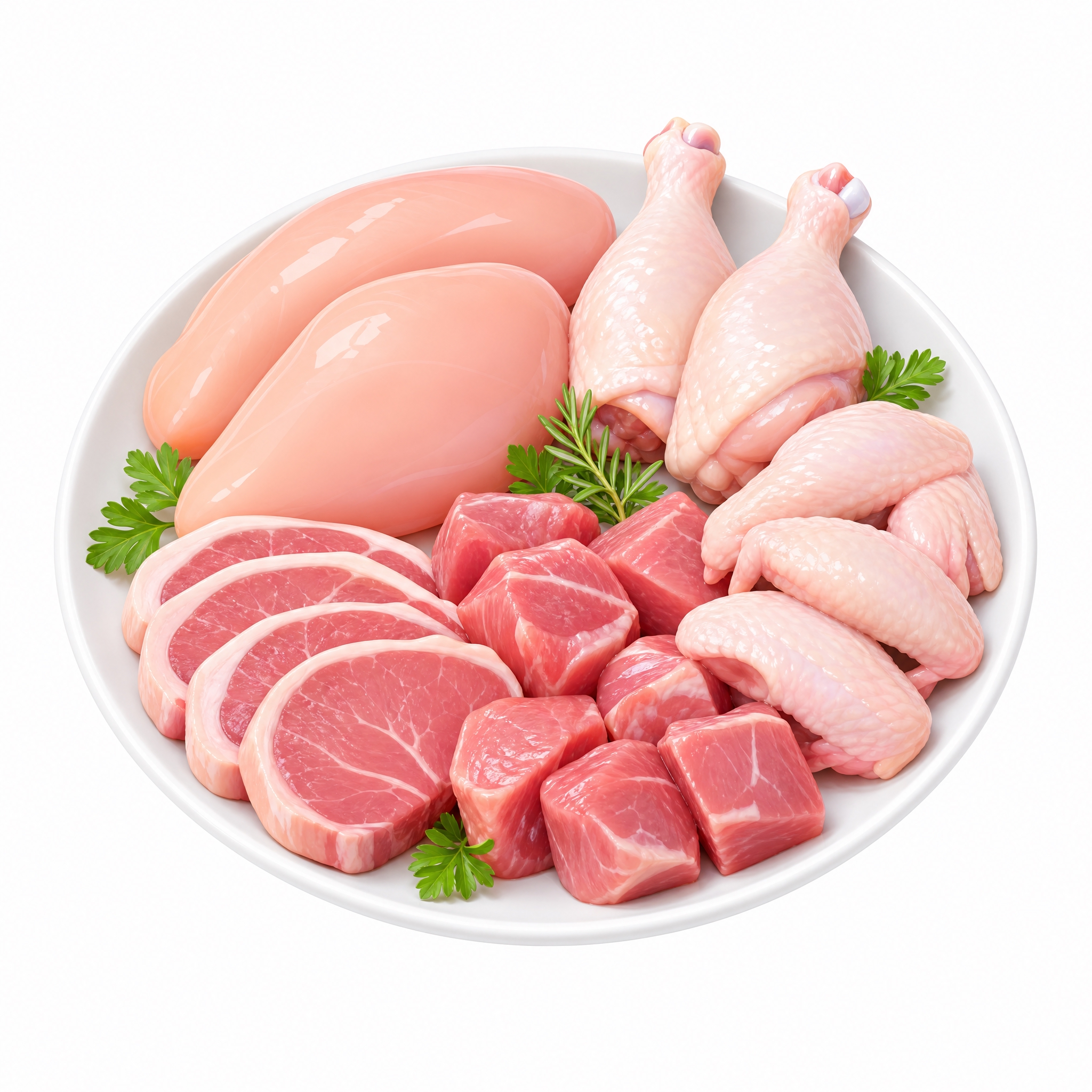 重新生成肉禽图标，内容更丰富多样。白色盘子里摆放多种肉类，包括… - 图片创意预览