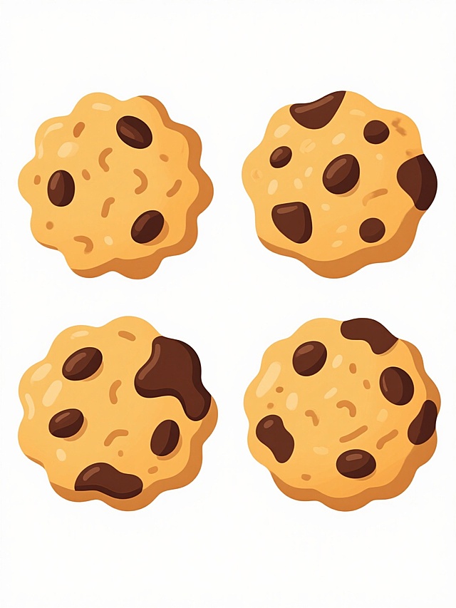 平面设计风格插画，四颗不同造型的饼干呈规整网格状排布，保持简约现代的整体造型，饼干采用卡通手绘风格，表面有立体感的凹凸纹理和融化感的巧克力豆点缀，暖黄色饼干主体搭配深棕色巧克力碎片，边缘有轻微阴影增强层次感，背景为纯色白色，无任何文字、logo和水印，画面干净整洁，视觉层级清晰，色彩明快和谐，具有简洁的设计感。