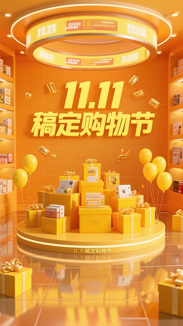 3D立体场景融合鎏金与金属质感，大字风标题突出双11促销主题，重拟物风格礼盒与气球营造喜庆氛围，整体呈现双十一购物节的热烈与奢华感。