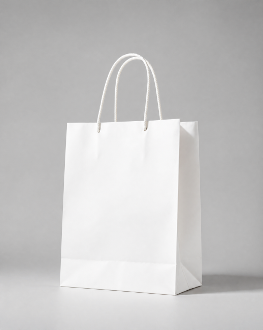 A photograph of a plain white paper shopping bag with two sturdy white handles,standing upright agai预览效果
