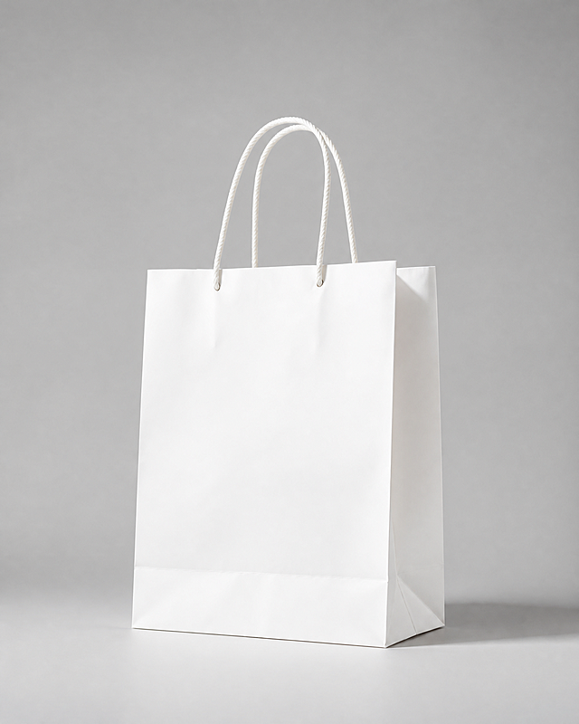A photograph of a plain white paper shopping bag with two sturdy white handles,standing upright against a soft,neutral gray background. The bag is centered,casting a subtle shadow on the light gray floor. The minimalist composition emphasizes the simplicity and elegance of the bag,with no other objects or textures present.
