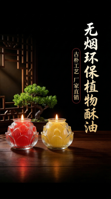 电商详情页头图，产品是红黄色两款莲花造型玻璃罐装植物酥油蜡烛，产品保持原图样式不变，纯黑色背景，古朴国风氛围，画面左侧放置产品，右侧搭配文字，背景搭配中式镂空木窗和绿植点缀，文字内容：主标题“无烟环保预览效果