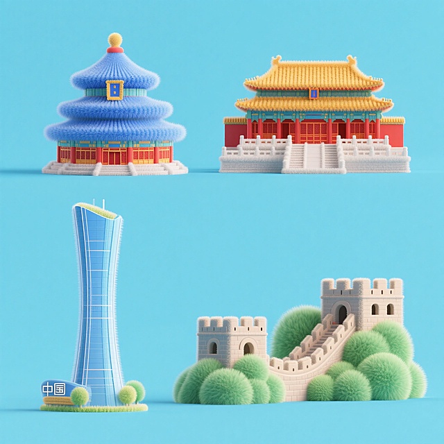 软3D风格融合毛发生长质感，呈现卡通感中国地标，清新柔和色调搭配微缩艺术布局，展现可爱与体积感兼具的视觉体验。