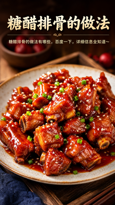 美食做法宣传图，上方保留两行文字：第一行“糖醋排骨的做法”，第二行“糖醋排骨的做法有哪些，百度一下，详细信息全知道～”，画面展示一盘色泽红亮的糖醋排骨，风格诱人食欲，尺寸720*1280预览效果