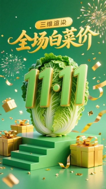 绿色白菜立体字 “11·11” ，上方搭配鎏金黄色 “全场白菜价” 艺术字。周围环绕金黄礼盒、金色丝带、烟花、碎金片，背景为绿色渐变，底部有绿色阶梯展台，整体风格生机盎然预览效果
