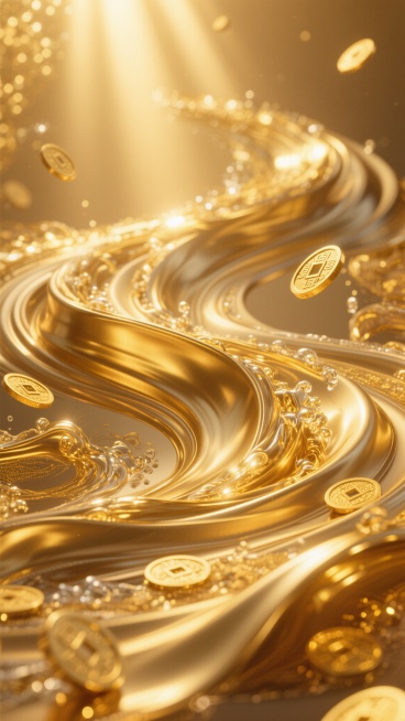 金色拉丝金属质感背景，呈现流畅动感的波浪线条，光线从上方洒落形成明亮高光与柔和阴影，整体色调为暖金色系，融入流动的金色水流形态与闪耀的金币元素，营造出庄重典雅且富有繁荣气息的中式氛围，视觉层次分明，以金色为主导传达国运昌荣的主题。预览效果