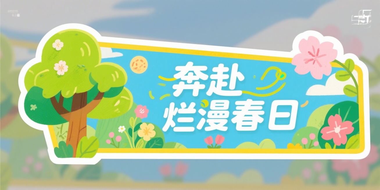 插画风格的植树节横长条异形牌，有文字“奔赴烂漫春日”，鲜艳颜色，春日清新氛围，嫩绿树木花草元素，异形设计预览效果