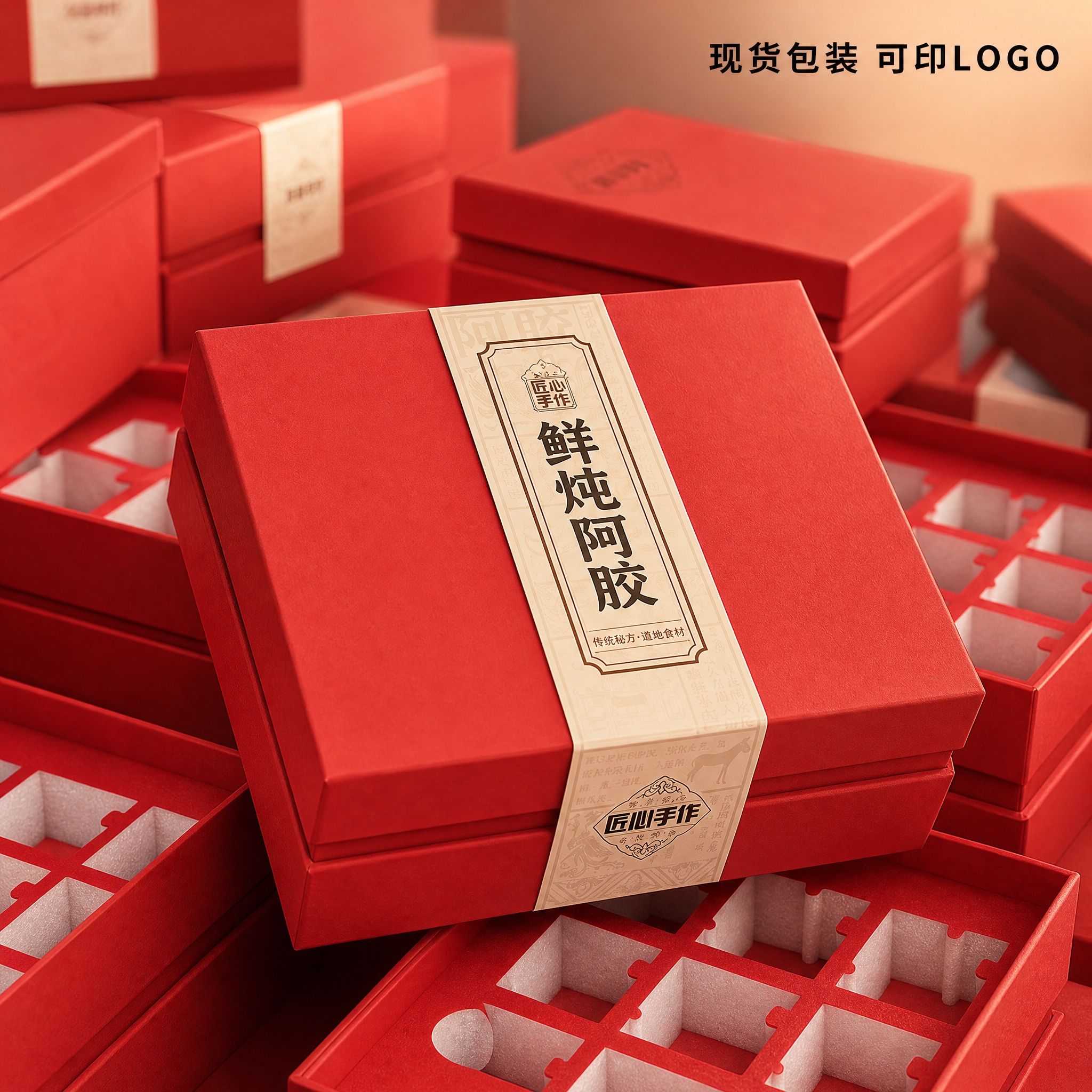 基于这张鲜炖阿胶红色礼盒图片进行修改优化： 1. 色彩调整：将… - 图片创意预览