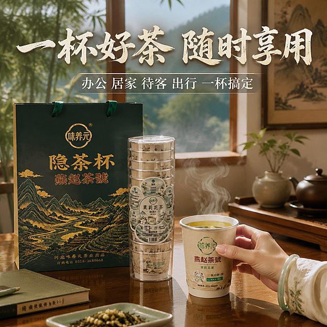 [主图-4] 场景与体验：办公/居家/会客使用场景，代入感强。
[统一基调] 国风青绿山水风格，深墨绿+米白+金色为主色调，主标题用粗厚国风书法字（米白色），辅助文案用清爽黑体（白色），整体温馨自然、有生活气息。
[画面] 新中式风格的茶室/书房场景，原木茶桌上摆放着一只正在冲泡的隐茶杯，杯中热水注入后茶汤呈淡黄绿色，升腾着袅袅热气，茶香氤氲。旁边放着透明桶装隐茶杯和墨绿色礼袋（礼袋上印有隐茶杯燕赵茶號字样和青绿山水图案）。背景是落地窗，窗外可见翠竹和远山，阳光柔和地洒进来。画面有一只手（女性，自然优雅）正端起茶杯准备品饮。主标题"一杯好茶 随时享用"，下方小字"办公 居家 待客 出行 一杯搞定"。
[光影质感] 自然窗边柔光，暖色调，茶汤通透有光泽，热气轻盈，桌面有柔和倒影，生活方式摄影质感，温馨有氛围感。
[配色] 整体暖木色+绿色植物+米白墙面，主标题白色加浅金描边，辅助文案白色半透明底。
[文字版式] 文案放在画面上方或下方的负空间，不遮挡产品和人物手部，主标题大而醒目，辅助文字小而清晰。
[输出要求] 1:1正方形，2048x2048，文字清晰可读，产品外观与输入图一致，手部自然无畸形，无变形错字，无水印无平台Logo，场景真实有代入感。