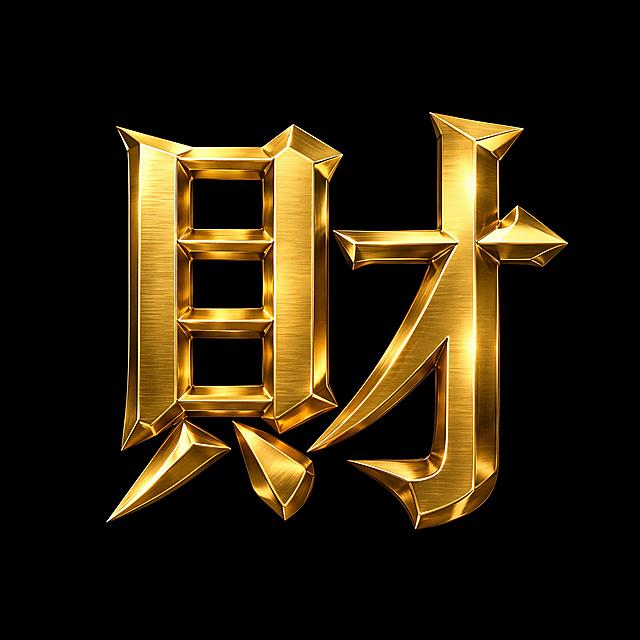 干净的纯黑色背景。3D艺术字体设计，1个主体文字"財"，所有文字单行横向排列，机械金属风格，字形带有尖锐棱角，纯金色金属材质，金属拉丝质感，带有强烈高光与真实反光纹理。仅包含1个字："財"，不得增加、遗漏或替换任何一个字。文字整体必须完整呈现在画面内不可被裁切，四周留有安全边距。比例1:1。