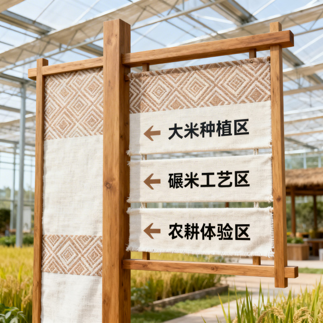大米生产研学基地设计意向图，简约现代洋气风格，融入土布纹样导视系统，沉浸式农耕研学场景，明快干净配色，乡村文旅效果图预览效果