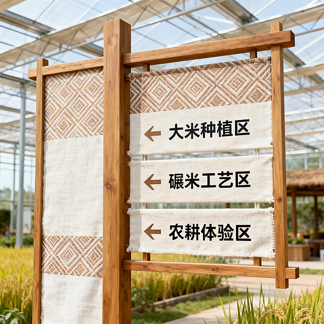 大米生产研学基地设计意向图，简约现代洋气风格，融入土布纹样导视系统，沉浸式农耕研学场景，明快干净配色，乡村文旅效果图