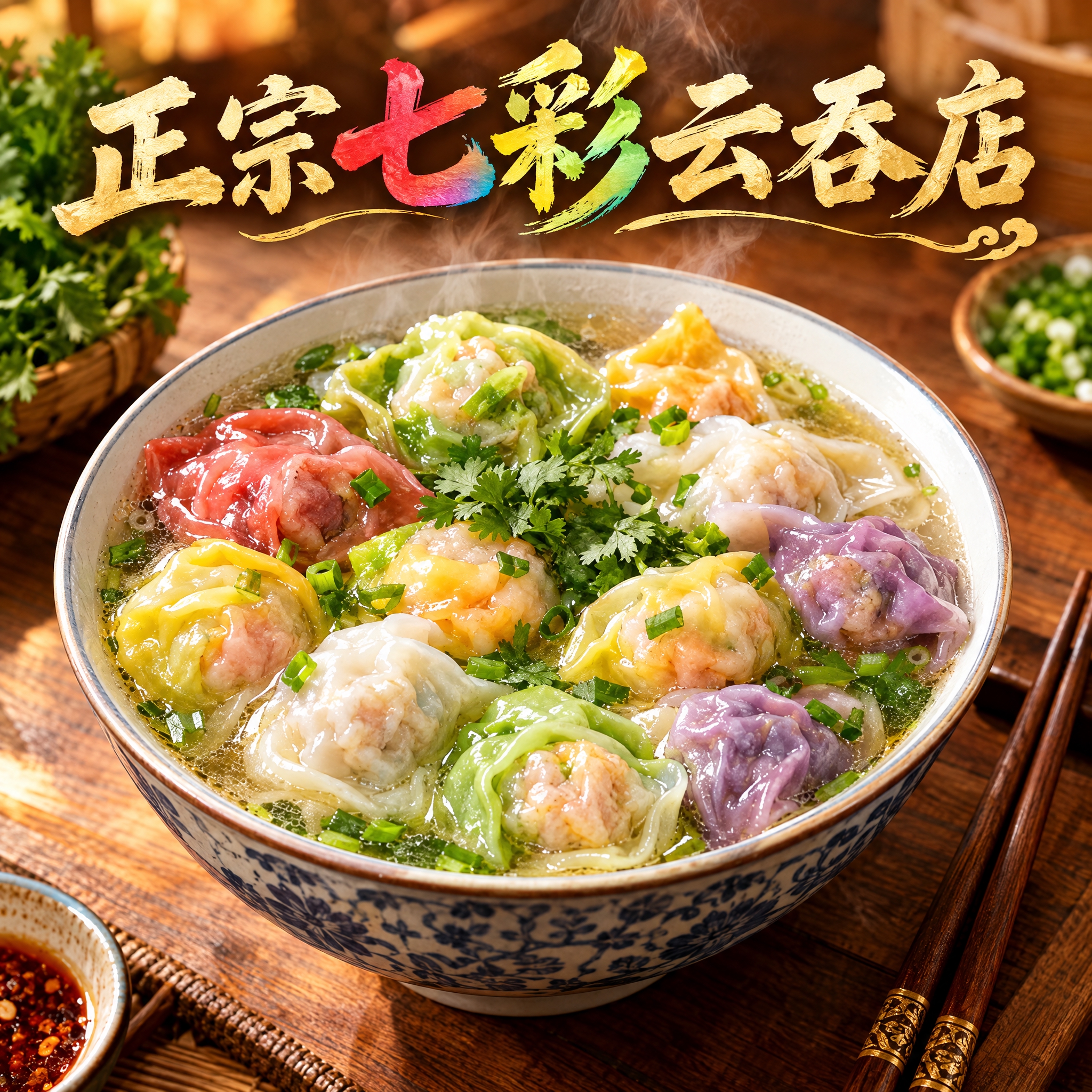 正宗七彩云吞店头像设计，800x800正方形构图，画面中央是一… - 图片创意预览