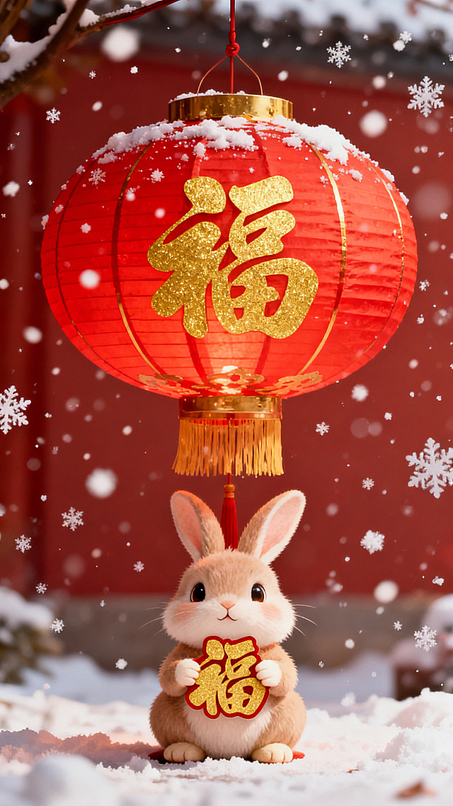 软3D风格的萌兔手持鎏金“福”字，雪中红灯笼映衬喜庆氛围，拟人化设计充满可爱感与节日温情。