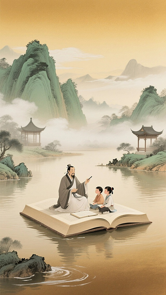 水墨风，暖黄渐变底色（浅米色到金棕色过渡），一个巨大的展开放在河上的书本，一个古代教师和两个孩子坐在上面，讲学。背景青绿山水，点缀古亭，云雾