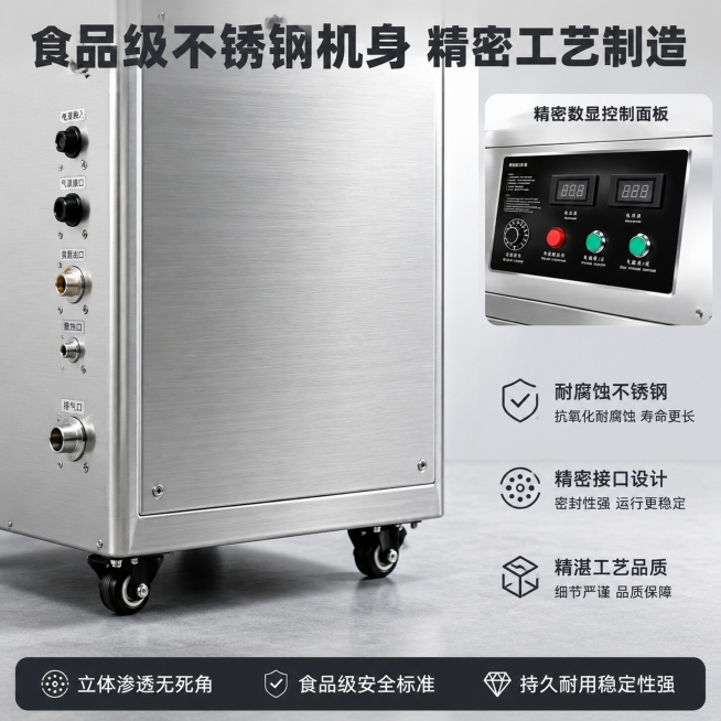 「图片1」，生成电商主图（3张），商品名称是臭氧发生器，卖点是适配气体立体渗透，无消杀死角，缝隙管道全覆盖
广谱强效灭菌，细菌、病毒、霉菌、芽孢快速分解
杀菌速度远超氯制剂，灭活率达标食品级标准
氧化预览效果