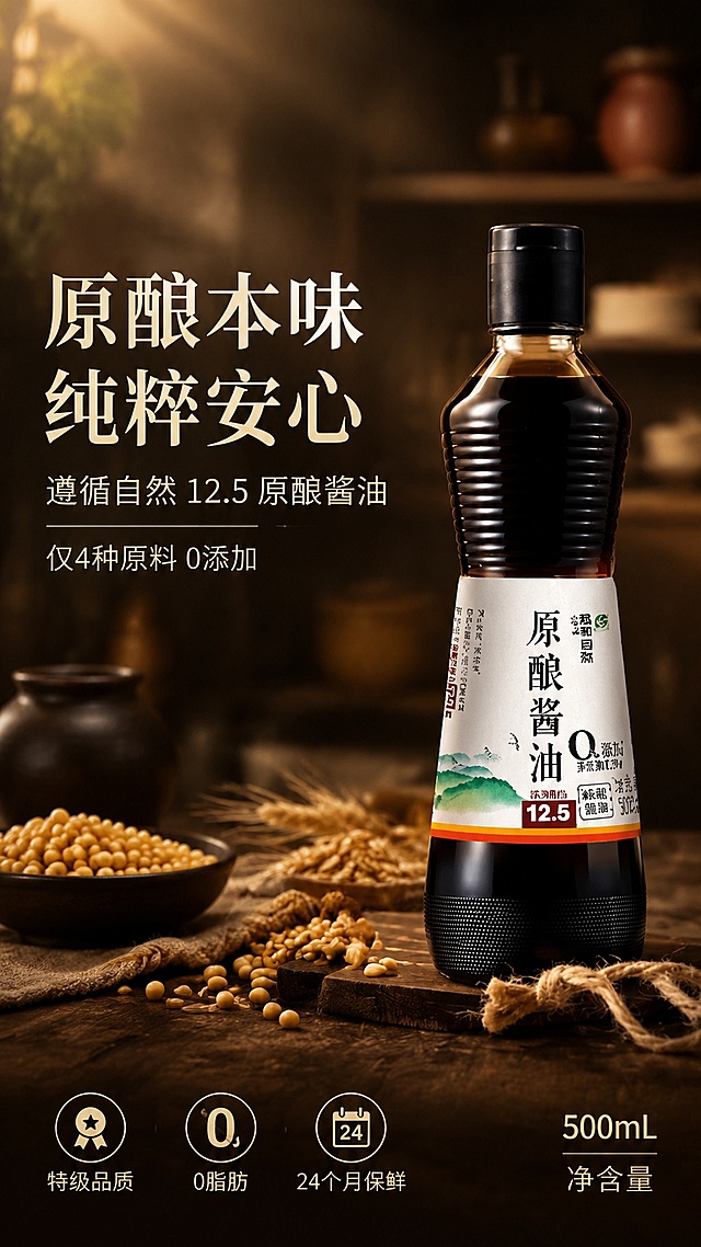 [第1屏] 详情页头图-欣和遵循自然原酿酱油500mL新品宣传海报。本屏使用【图1】作为商品主体。
[氛围/风格] 温润自然家常风，深木色厨房场景，商业摄影质感，高级烟火气。
[元素布局] 酱油瓶置于画面右侧中部，占比约55%-60%；左侧留标题区，底部为深木色台面；台面前景点缀黄豆、小麦粒、粗麻绳、小陶碗；背景虚化厨房置物架与暖光；瓶身结构、标签、颜色、比例与输入产品图完全一致。
[光影质感] 左上方暖柔光照明，右下自然投影，瓶身标签保留清晰高光，整体温润通透，酱色红润有光泽。
[配色色系] 全局底色 #2B2420 深棕黑；主色暖棕+米白；辅助色深木色台面、黄豆暖黄点缀。
[视角构图] 正面微仰视，产品为视觉中心，阅读动线左上标题→右侧产品→底部信息条。
[文字版式] 版式为左上标题+右侧产品+底部信息条。主标题「原酿本味 纯粹安心」，副标题「遵循自然 12.5 原酿酱油」，两行温润宋体左对齐；标题下小字「仅4种原料 0添加」；底部左侧卖点图标组「特级品质 0脂肪 24个月保鲜」，右下角参数「500mL 净含量」；文字不遮挡瓶身主标签。
[比例分辨率] 9:16 竖版比例，2K分辨率，文字清晰可辨，高清画质。
[负向提示词] 瓶身变形，缺件错件，颜色偏差，水印，文字错乱，产品图模糊，背景杂乱，包装文字错乱。