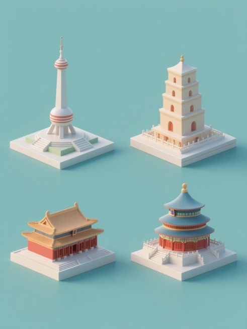 一套4个规整排布的3D质感素材，每个素材分别展示不同造型样式的国家地标建筑，采用纯色背景，无任何文字、logo和水印，整体呈现简洁现代的设计感。预览效果