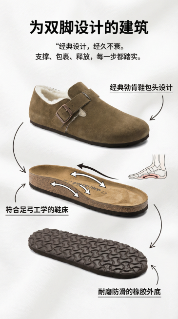 【工艺与结构】

视觉： 分解式插图。重点展示：

经典勃肯鞋包头设计。

符合足弓工学的鞋床（可附示意图）。

耐磨防滑的橡胶外底。

文案标题： 「为双脚设计的建筑」

辅助文案： 经典设计，经久预览效果