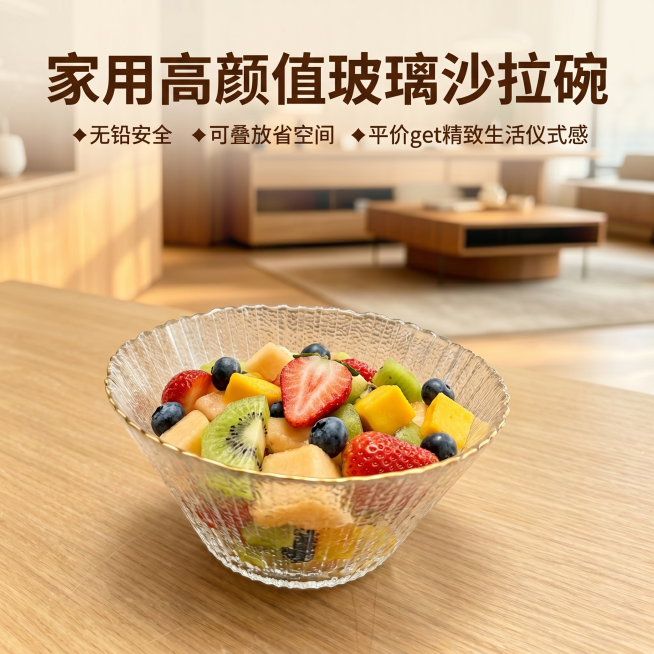 [主图-4] 促销转化款家用高颜值玻璃沙拉碗场景图，碗内盛放新鲜切块水果。
[氛围风格] 简约居家氛围感，干净实用；
[画质] 商业摄影质感，光线柔和通透，产品清晰真实，画面干净高级。
[元素] 轻奢预览效果