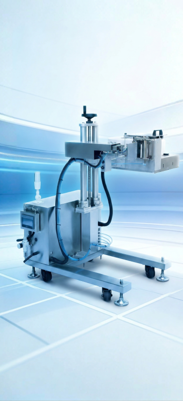 将工业机器主体物理融合到浅蓝色科技感背景中，保持机器的角度、大小和物理结构完全不变，图片比例与背景一致。背景光源来自上方偏右，机器受光面在上方偏右，背光面在下方偏左，机器底部生成自然柔和的投影，近实远预览效果