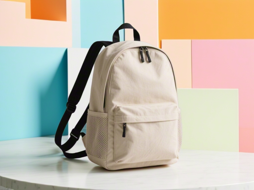 A modern orange backpack placed on a background of large, overlapping pastel-colored geometric shape预览效果