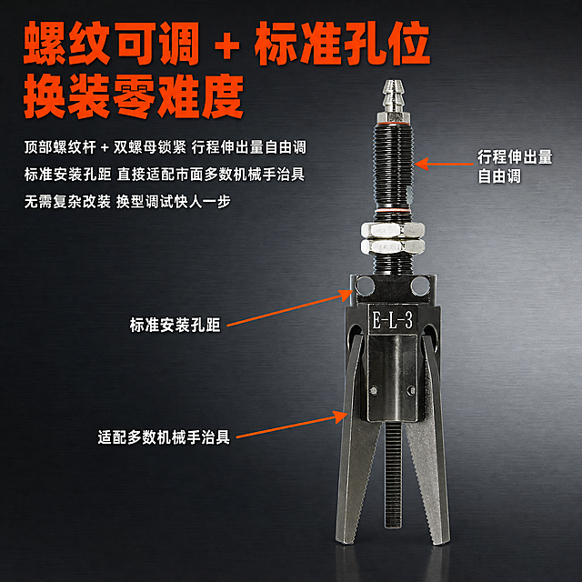 [主图-5] 安装调试优势图，主题为螺纹可调+标准孔位换装零难度，侧面展示调节杆和安装孔，用箭头标注调节部位。
[统一基调] 国内电商五金器械专业风，背景为浅灰到深灰渐变的工业质感背景，带细微金属拉丝纹理；主标题字色为亮橙红色，副标题白色，辅助文字浅灰色，强调色橙红色；字体为粗黑无衬线工业字体，字号层级分明，标题最大最粗，辅助文案缩小50%以上；整体高信息密度满版构图，专业靠谱。
[画面] 画面主体为E-L-3或EHRG-3型号三爪夹具的完整侧面展示，占画面约55%，侧视角度，清晰展示顶部螺纹杆、双螺母锁紧结构、标准安装孔位。画面有三处橙色箭头标注：箭头1指向顶部螺纹杆+双螺母，标注"行程伸出量自由调"；箭头2指向机身安装孔，标注"标准安装孔距"；箭头3指向夹具整体，标注"适配多数机械手治具"。
[光影质感] 工业产品摄影质感，光线明亮均匀，螺纹细节清晰，螺母六角面有高光，安装孔圆孔边缘锐利，整体结构清楚。
[配色] 背景深灰渐变，主标题亮橙红，文案白色，箭头和标注线橙红色，金属机身深灰金属色。
[文字版式] 顶部大标题："螺纹可调 + 标准孔位 换装零难度"，亮橙红色粗黑大字。标题下方三行说明文案，白色中号字左对齐："顶部螺纹杆 + 双螺母锁紧 行程伸出量自由调"；"标准安装孔距 直接适配市面多数机械手治具"；"无需复杂改装 换型调试快人一步"。三处箭头标注为橙红色箭头+白色文字说明。
[输出要求] 1:1正方形，2048*2048，文字清晰，结构标注清楚，产品不变形，无错字，无水印，无平台Logo。