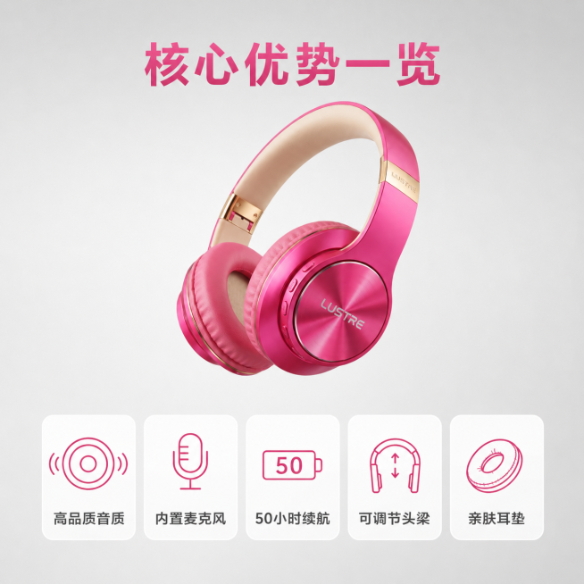 「图片1」「图片1」生成淘宝套图，中国，中文，这是LUSTRE品牌的无线头戴式蓝牙耳机，高品质音质，音乐音质增强，内置麦克风，续航长达 50 小时且支持快充。机身轻巧，可调节头梁、柔软垫层与亲肤耳垫，预览效果