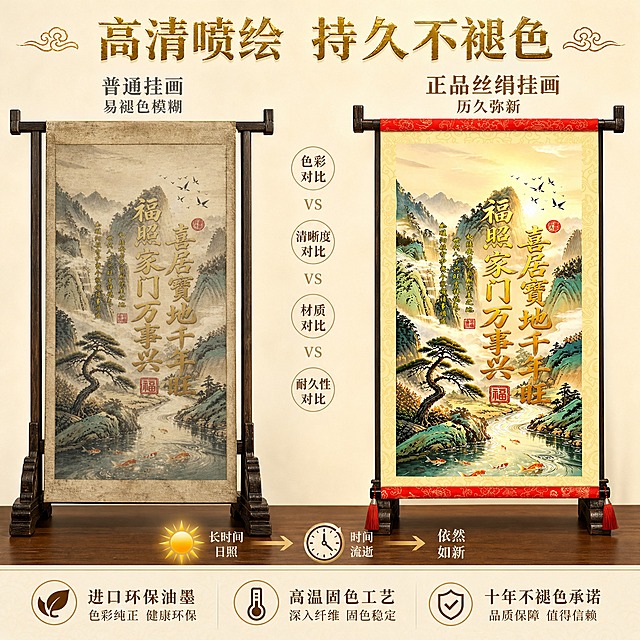 [主图-5] 正品山水福字卷轴挂画 持久不褪色对比证明图 唯一任务：证明高清喷绘与持久不褪色的品质，用对比方式展示产品耐用性。
[统一基调] 新中式高档豪华风格，整体色调以米白、浅金、深木色为主，标题字色为烫金质感深金色，辅助文字为深褐色，强调色为朱红印章色；字体采用端庄大气的宋体/楷体风格；整体光影均匀明亮，突出对比效果。
[画面] 画面采用左右对比构图，左侧是“普通挂画”，右侧是“正品加厚丝绢挂画”。左侧普通挂画颜色暗淡、模糊、有褪色痕迹，画纸泛黄发旧，装裱简陋；右侧正品山水福字卷轴挂画色彩鲜艳、金色字体光亮如新、丝绢布质感细腻、装裱精致，与左侧形成鲜明对比。两幅挂画并排放置在深胡桃木色展示架上，背景为浅米色纯色墙面，简洁干净以突出对比效果。画面下方有阳光照射与时间流逝的象征性图标（如太阳图标+时钟图标），暗示经过长时间日晒后依然保持如新。右侧正品挂画占据画面主要视觉权重，约60%面积，左侧普通挂画约40%。
[光影质感] 商业摄影质感，均匀明亮的正面光，确保两侧挂画的色彩对比清晰可见；正品挂画的丝绢布有细腻纹理反光，金色字体有金属光泽，褪色挂画则呈现哑光发旧质感，对比强烈，品质差异一目了然。
[配色] 正品侧色彩鲜艳饱和：金色、朱红、墨绿清晰明亮；普通褪色侧色彩暗淡偏灰：金色发暗、红色发旧、整体泛黄。背景统一为浅米色，突出对比主体。
[文字版式] 画面顶部中央放置主标题“高清喷绘 持久不褪色”，烫金粗宋字体；左侧上方标注“普通挂画 易褪色模糊”，灰色字体；右侧上方标注“正品丝绢挂画 历久弥新”，烫金字体；画面底部有三个品质标签：“进口环保油墨”“高温固色工艺”“十年不褪色承诺”，配图标与文字，深褐色字体。文字排版清晰，不遮挡主体对比区域。
[输出要求] 比例1:1，2048x2048像素，文字清晰，对比效果明显，正品挂画细节清晰；负向：禁止变形、错字、模糊、杂乱、水印、平台Logo、人物、绝对化用语（如最、第一、100%）。