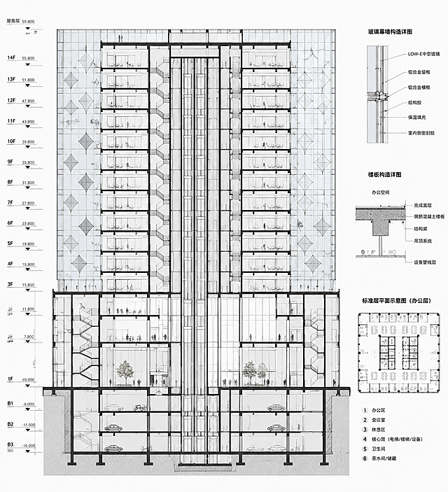 将这栋现代玻璃幕墙办公楼转换为建筑剖面图，展示建筑内部结构：各楼层平面、楼板、梁柱结构、电梯井、楼梯间、办公空间布局、玻璃幕墙构造、地下层结构，专业建筑制图风格，清晰的线条和填充，标注清晰，技术图纸质感，保持原建筑的外观比例和菱形玻璃幕墙特征