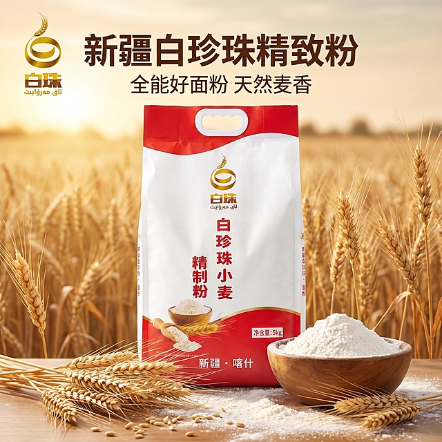 [主图-1] 新疆特产白珍珠小麦精制粉产品首图，食欲感产地氛围，食欲感商业摄影，光线柔和通透，产品清晰真实，画面干净高级。居中展示白珍珠5kg面粉包装袋，背景融入金色成熟金黄麦田做远景，前景散落金黄小麦穗和一碗雪白面粉，自然自然光下产品突出。保持产品包装袋外观、文字信息、颜色、logo与原图绝对一致，杜绝任何变形和色差，精细化处理。商品主体占比约70%，画面满屏无边框。光影自然暖调，麦田阳光逆光，突出面粉雪白质感，通透不灰蒙，光比舒适，高光不溢，暗部有层次。配色主色调红白金，符合食品食欲感。平视视角，产品为视觉中心，前中后景分层景深适中，产品完整不裁切。左上角放置原品牌logo不遮挡主体，左上负空间左对齐留安全边距。大字主文案 "新疆白珍珠精致粉"，深棕色粗体无衬线最大字号，辅助小字文案 "全能好面粉 天然麦香"，深棕色约半高。比例1:1，2k分辨率，文字清晰可辨，超高清。负向提示词：变形，水印，文字错乱，产品图模糊，背景杂乱，遮挡主体。