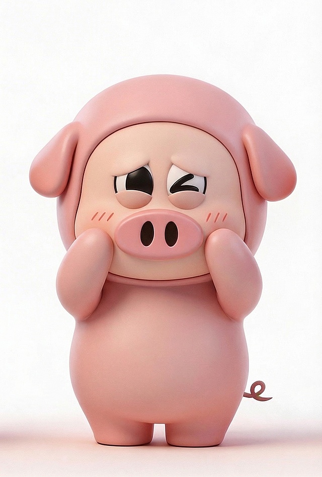 基于提供的小猪IP形象，保持整体造型、材质、风格完全一致，修改动作为双手抬起放在脸颊两侧，做出害羞捂脸的姿势，表情羞涩软萌，背景为纯白色