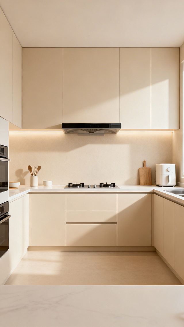 淘宝直播厨房家电带货背景图，整体为现代明亮的开放式厨房场景，干净整洁，有柔和的暖光照明，墙面为浅米色，台面摆放少量简约的厨具作为点缀，没有多余杂物，画面中下部预留充足的直播展示区域，整体风格温馨有生活气息，适合作为厨房家电直播的背景使用