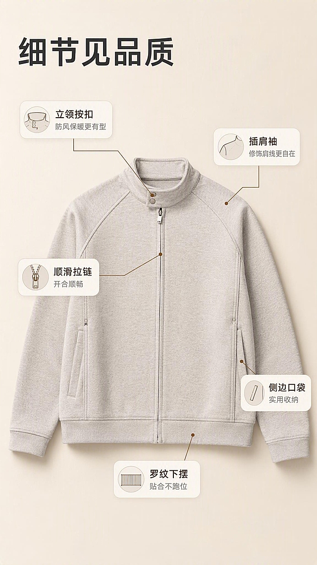 [商品] 使用【图1】燕麦色立领拉链针织夹克；商品处理：保留立领按扣、中央拉链、插肩袖、侧边口袋、罗纹下摆、燕麦花灰色和针织面料；自然去除衣身杂乱褶皱，理顺垂坠，增强针织纹理、缝线、拉链和五金质感，不改变版型和结构。
[画面] 目标：版型解析页，展示结构设计卖点。画面中央展示夹克正面全貌平铺或挂拍，占画面60%。从立领按扣、拉链头、插肩袖缝线、侧边口袋、罗纹下摆5处引出细线标签，分别标注对应结构与穿着体验。背景为浅米色渐变，底部有柔和投影。
[视觉] 套系策略：风格=高级简约通勤商业摄影；标题字=现代无衬线粗体；正文字=简洁无衬线体；主色=燕麦米杏；背景延展=基于燕麦米杏做深浅层级、同色渐变和细腻织物/纸张质感；强调色=深焦糖棕，仅用于小面积图标、引线和标签；标题色=深炭灰；正文色=中暖灰；组件=圆角浅底信息卡、细线引线；光影=左前侧暖柔光。
[文字] 顶部主标题「细节见品质」，5处引线标签：「立领按扣」防风保暖更有型、「顺滑拉链」开合顺畅、「插肩袖」修饰肩线更自在、「侧边口袋」实用收纳、「罗纹下摆」贴合不跑位。文字横向排版。
[规格] 图片比例9:16竖版，2K分辨率，避免变形、错字、文字过小、冷蓝背景、衣服颜色改变、版型失真。
