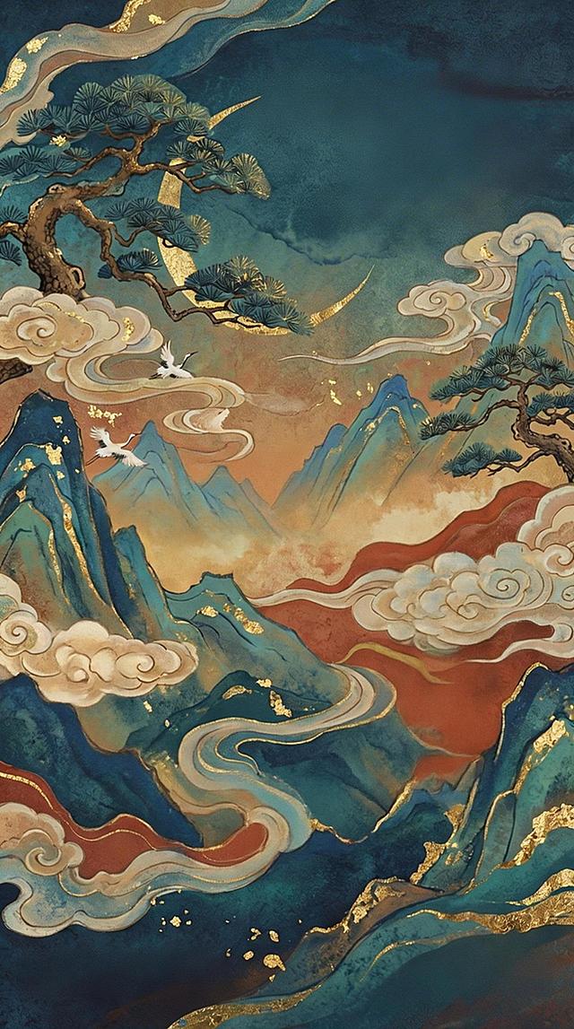 参考图2图3图4的艺术效果，为产品图1设计一个独特的海报图，风格为新中式东方主义和岩彩艺术质感，突出视觉质感和氛围的静谧奢华感，比例为9:16